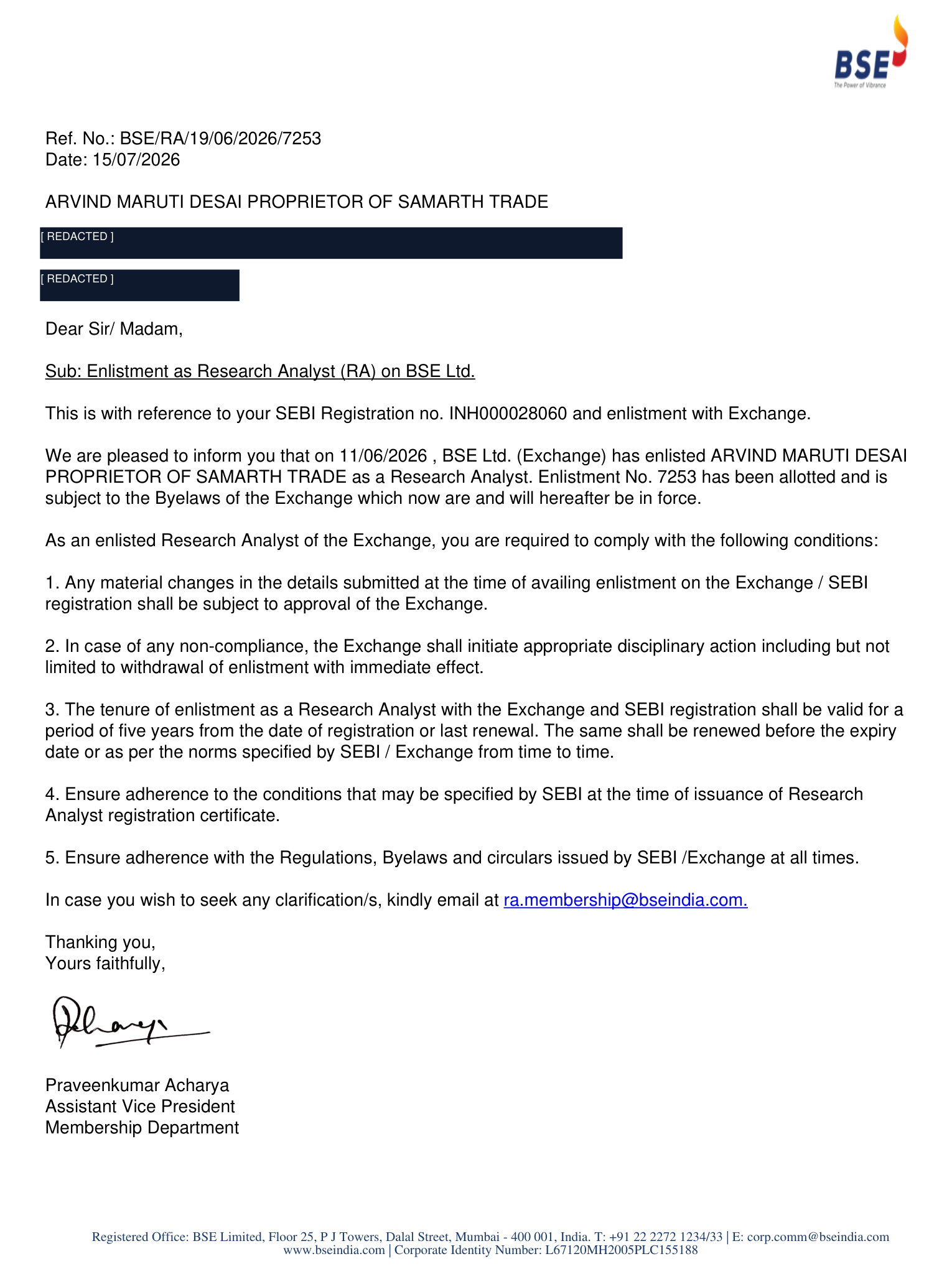 BSE Limited letter confirming enlistment of Arvind Maruti Desai, Proprietor of Samarth Trade, as a Research Analyst, enlistment number 7253, dated 15 July 2026.