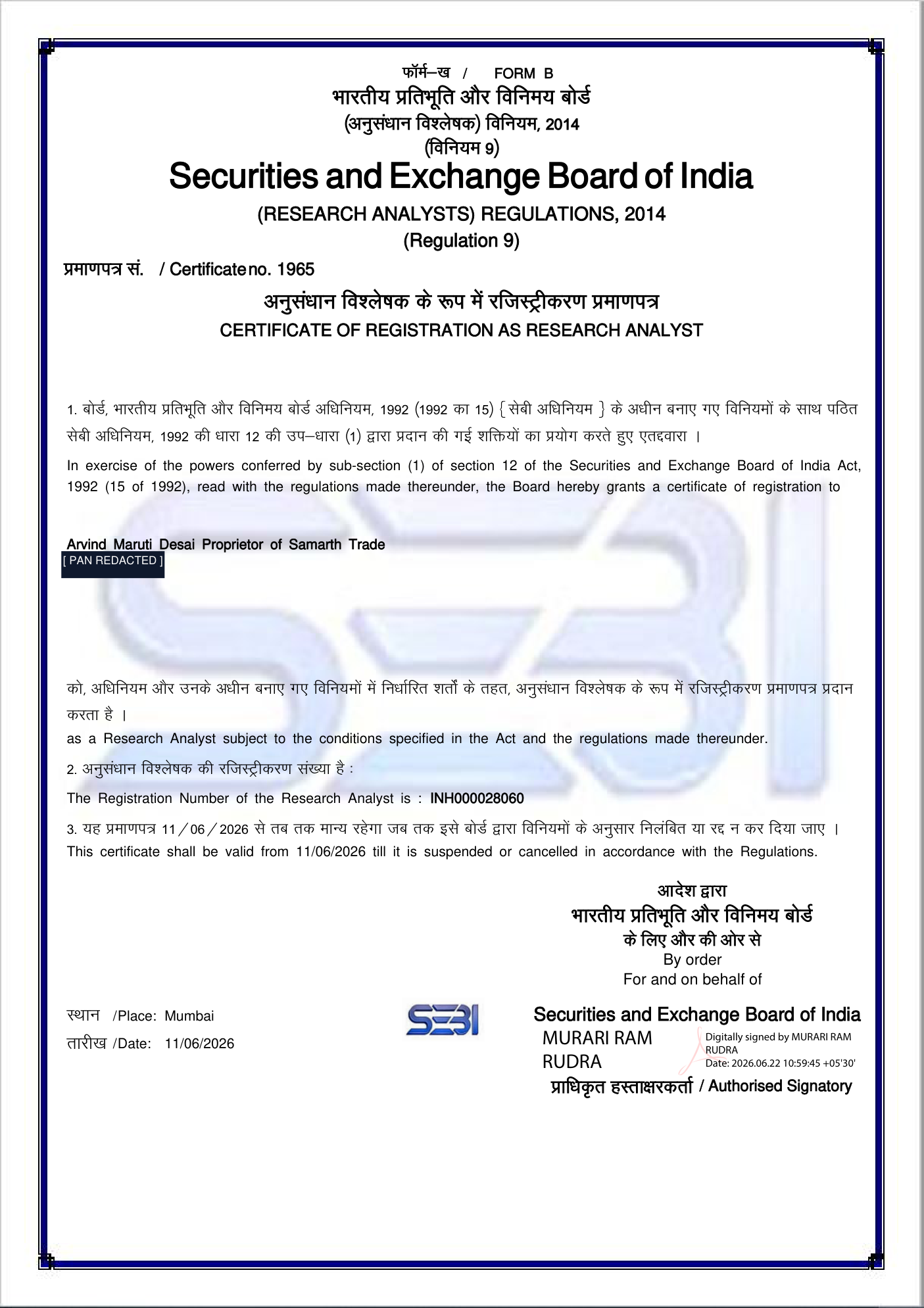 SEBI Certificate of Registration as Research Analyst issued to Arvind Maruti Desai, Proprietor of Samarth Trade, certificate number 1965, registration number INH000028060, valid from 11 June 2026.